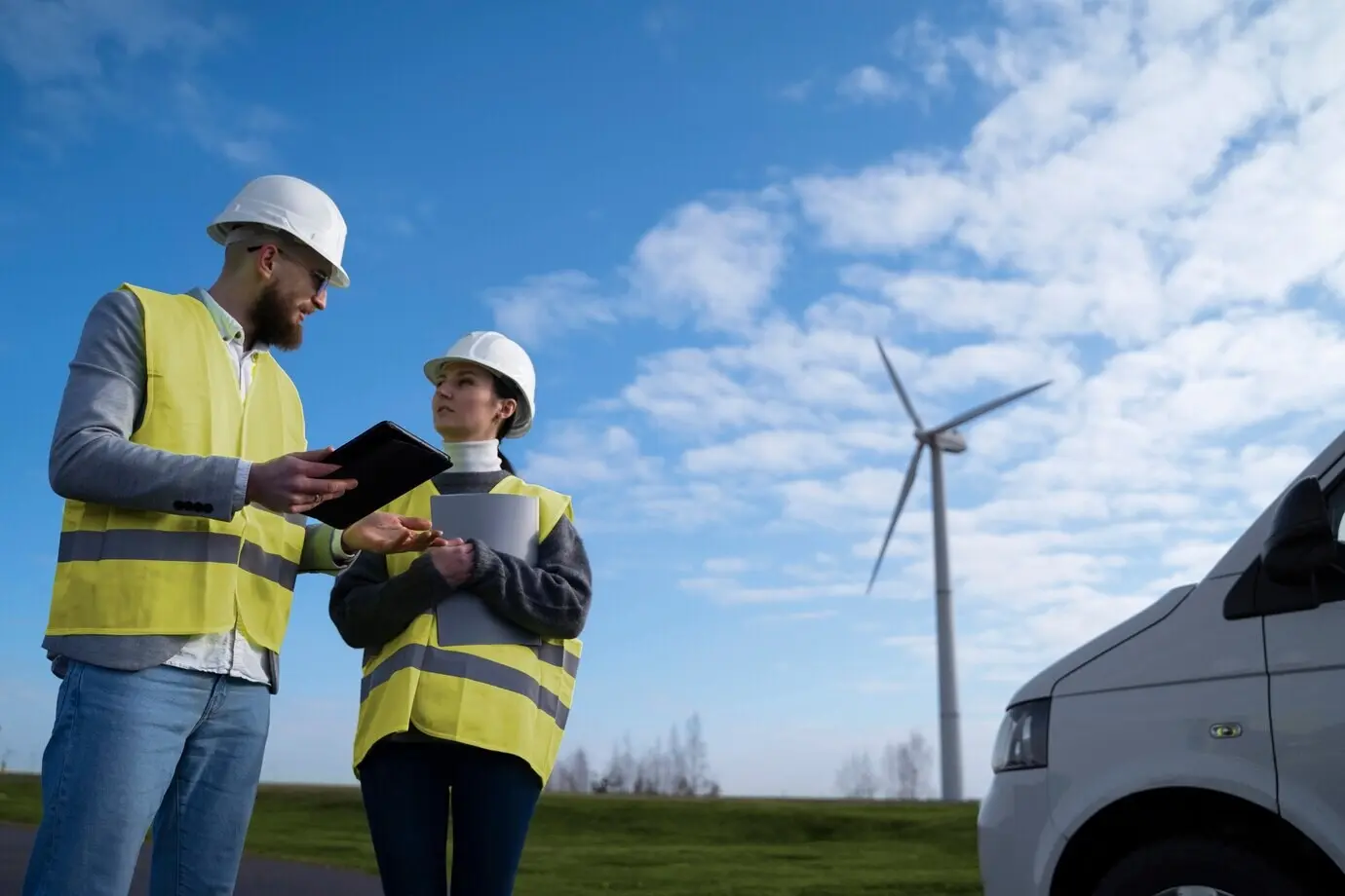 Средний план: инженеры разговаривают.