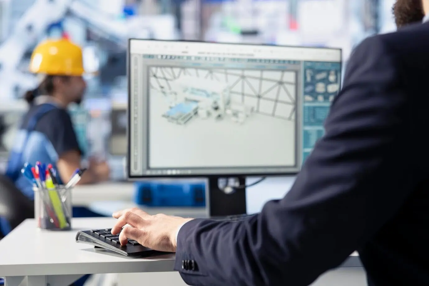 Крупный план: работник фотовольтаического завода программирует производственное оборудование для солнечной промышленности.