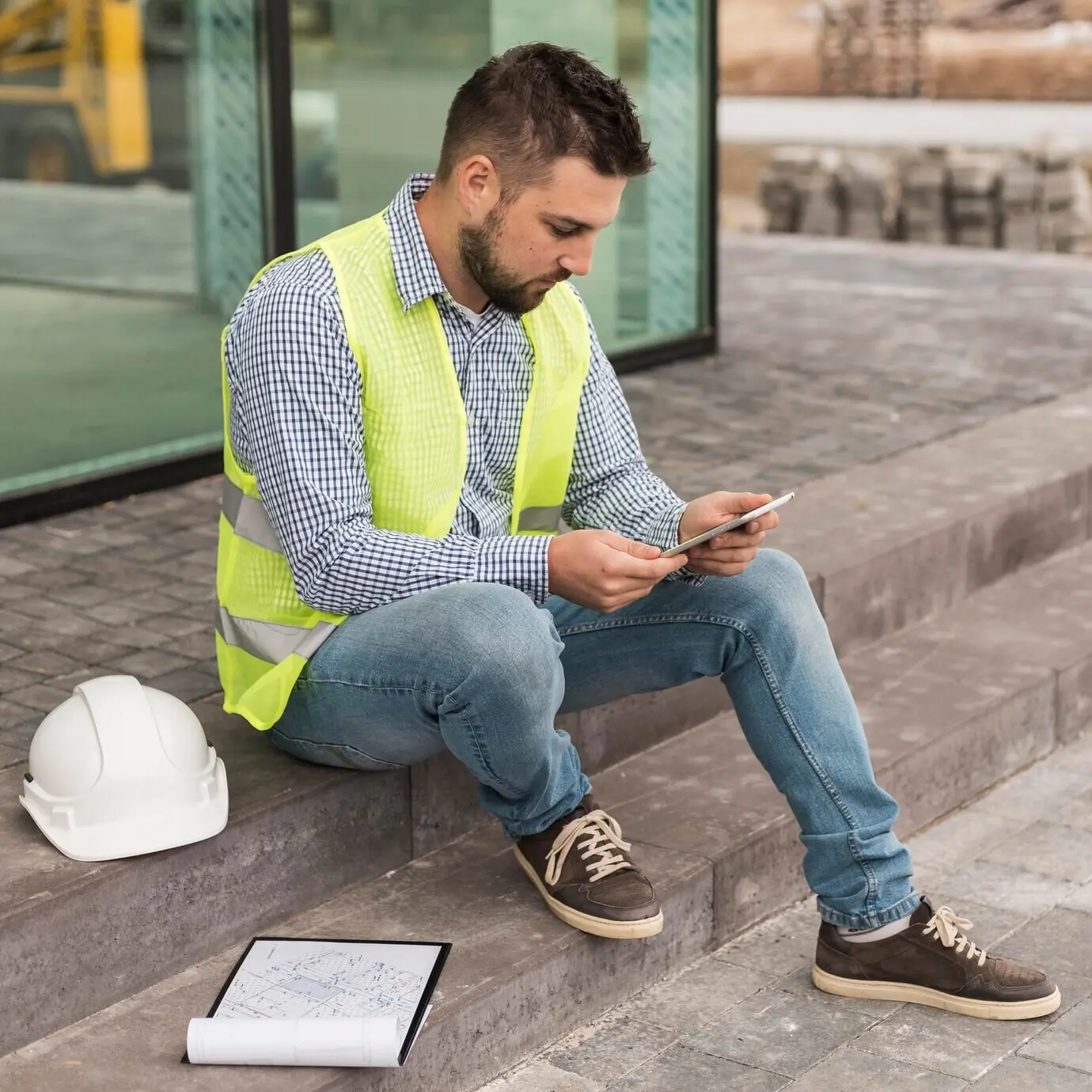 Снимок в полный рост мужчины, держащего планшет